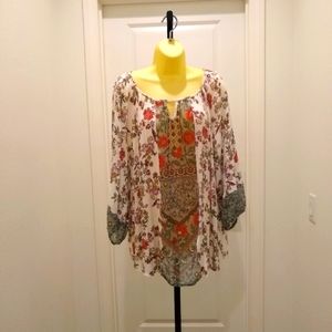 Style & Co Long Sleeve Pullover Peasant Top Blouse Cream Autumn Floral XL